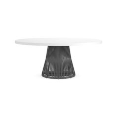 an oval white table with black metal base