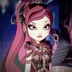 a cartoon girl with pink hair wearing a tiara and feathered dress, looking at the camera