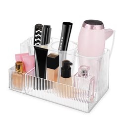 PRICES MAY VARY. Multifunctional Countertop Organizer: This hair tool organizer will better organize and hold your hair dryers, curling irons and straighteners. It's also a vanity organizer to help you organize your makeup products, brushes, combs, etc., great for clearing up counter space. Durable Toiletries Organizer: This toiletries storage holder made of 100% acrylic, waterproof, you don't need to worry about rust when you put it in the bathroom. Bathroom countertop organizer can meet the ne Bathroom Countertop Storage, Organize Bathroom Countertop, Toiletries Storage, Vanity Space, Bathroom Countertop Organizer, Vanity Organizer, Blow Dryers, Hair Tool Organizer, Hair Styling Tool