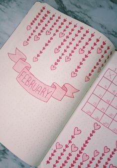 Febuary Calander 2023 Ideas, February Reading Journal Spread, February Reading Journal, February Planner Layout, Valentines Journal Ideas, February Bulletin Journal Ideas, Bulett Journal Ideas February, Valentines Bujo, Febuary Spreads Bullet Journal