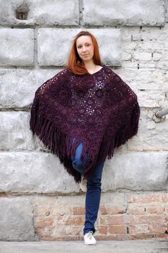 Freja crochet lace poncho with fringe Crochet pattern by Kyla Anastasia Osminin Crochet Lace Poncho, Bohemian Crochet Patterns, Men Vest Outfits, Crochet Braids Marley Hair, Crochet Poncho Pattern, Cape Women, Crochet Hat With Brim, Lace Poncho, Crochet Wrap Pattern