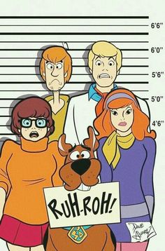 the scooby gang is holding up a sign that says, ruhroh