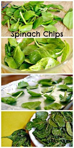 spinach chips on a plate with the words spinach chips in front of them