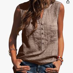 Loose Fit Casual V Neck Tunic, Cotton And Nylon, Khaki Color Casual Tank Top With Button Closure, Sleeveless Tops With Buttons For Vacation, Sleeveless Buttoned Top For Vacation, Sleeveless Brown Cotton Blouse, Brown Sleeveless Cotton Blouse, Summer Sleeveless Blouse With Pockets, Casual Tank Top With Buttons, Beige Sleeveless Tops With Pockets, Summer Sleeveless Tops With Pockets