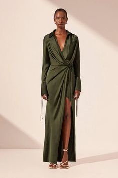 SHAE DRAPED SHIRT MAXI DRESS | PINE GREEN | DRESSES | SHONA JOY – Shona Joy International Formal Green Maxi Dress For Fall, Green Maxi Dress For Night Out In Fall, Green Maxi Dress For Fall Night Out, Elegant Olive Evening Dress, Green Draped Evening Maxi Dress, Long Green Midi Dress For Evening, Elegant Dark Green Maxi Dress For Spring, Elegant Dark Green Long Sleeve Maxi Dress, Olive Maxi Dress For Party