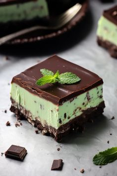 there is a piece of cake that has mint on top and chocolate in the middle