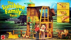 an advertisement for the sunshine family farm on a wooden floor with two children standing in front of it