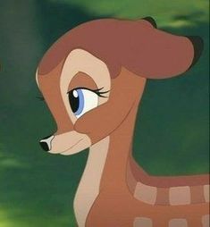 an animated deer with blue eyes looks at another deer