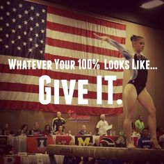 a woman balances on a beam in front of an american flag with the words, whatever your 100 % looks like give it