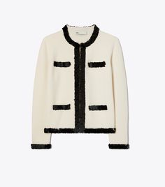 Kendra Wool and Sequin Jacket: Women's Designer Sweaters | Tory Burch Luxury Embellished Winter Outerwear, Chic Embellished Blazer For Fall, Chic Embellished Outerwear For Fall, Embellished Outerwear For Work, Designer Wool Outerwear For Party, Designer Wool Party Outerwear, Wool Outerwear For Fall Party, Fall Party Wool Outerwear, Tweed Cardigan