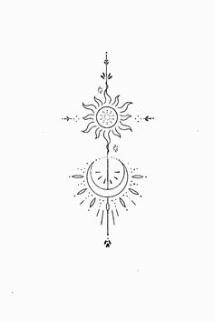 a black and white drawing of a sun with an arrow on it's side