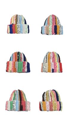 four hats with different colors and patterns are shown in the same row, one is multi - colored