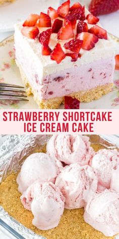 strawberry shortcake ice cream cake on a plate