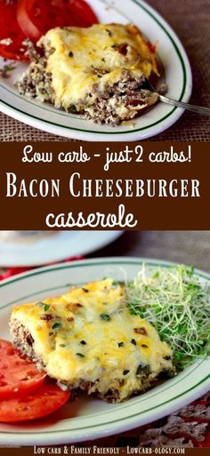 bacon cheeseburger casserole on a plate with tomatoes