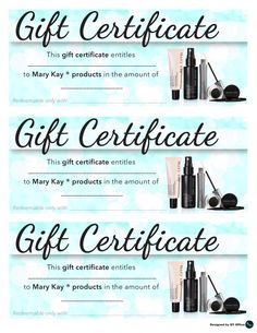 three gift certificates with makeup products on them and the words, gift certificate to mary kay's products in the amount of