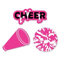 a pink and white sticker with the word cheer next to a pink megaphone