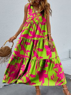 Bold Colorful Retro Floral Sleeveless Tiered V-Neck Oversized Summer Maxi Dress Head turning, fashion foward unique style that is made for summer.Retro vintage cut, bohemian cottagecore mixed with a modern contemporary style.Some patterns are bright, colorful, paisley as others have a minimalist abstract print.Sleeveless, wide straps, V-neckline and tiered skirt that flows when you walk.Oversized fit and soft stretchy material makes for the perfect fit on any body shape.Comfortable long maxi len Sleeveless Skirt, Vacation Travel, Packing Tips, Swing Dress, Travel Essentials, Athleisure, Apparel Accessories, Ruffles, Jumpsuit Romper