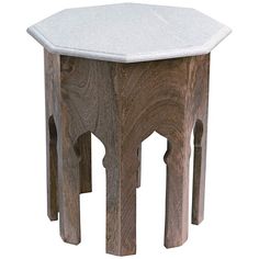 a wooden table with white marble top on an isolated white background for use as a stool or side table