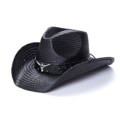 The TX-400 is part of the Saddleback Collection, and is crafted with a shapeable vented crown and a 3.5 inch wired brim. It features a genuine Toyo straw body, a genuine leather band, and is finished with mini studs and a large longhorn buckle. These distinct features make the TX-400 a unique addition to any wardrobe. Black Country Straw Hat For Western-themed Events, Black Country Style Straw Hat For Western-themed Events, Black Western Straw Hat With Short Brim, Black Western Style Straw Hat With Short Brim, Adjustable Black Straw Hat For Outdoor, Black Country Style Straw Hat For Rodeo, Country Style Black Straw Hat For Rodeo, Black Country Style Straw Hat With Curved Brim, Country Style Black Straw Hat With Short Brim