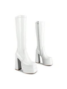 Rubber sole[ SIZE ]: Heel Height: 5.7"/14.5cm; Platform height: 2.17"/5.5cm, Shaft Height: 15.75"/40cm.[ MARTIAL ]: Elastic Patent leather on the upper ​and soft synthetic fabric lining, slip-resistant rubber sole.[ DESIGN ]: Square toe knee high platform heel design, side full-length zipper, easy to put on and off.[ OCCASION ]: Wear the stylish chunky high heel boots on any occasion, you are definitely the most eye-catching one.ISNOM Stacked Platform Knee High Boots For Women With High Chunky H White Platform Boots With Zipper For Winter, White Winter Platform Boots With Zipper, White High Heel Platform Boots With Zipper, Trendy White Heeled Boots With Zipper Closure, White Platform Boots With Zipper Closure For Spring, Fox Boots, Platform Knee High Boots, High Boots For Women, Light Aesthetic