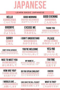 japanese words and phrases in different languages on a white background with pink text that says learn basic japanese