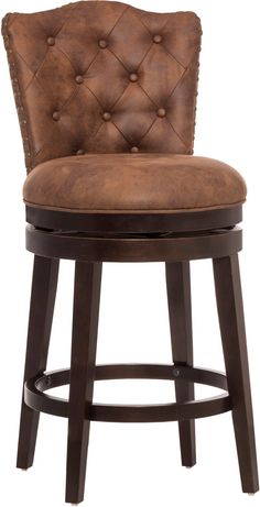 an upholstered bar stool with buttoned backrest and tufted leather seat