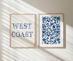 two blue and white prints with the words west coast printed on them next to each other