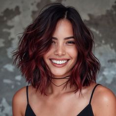 Black Shadow Root Red Hair, Long Bob Red Balayage, Short Hair Red Hair Color, Chocolate Hair Red Highlights, Red Hair Color Inspiration, Short Christmas Hair Color, Cherry Coke Hair With Money Piece, Dark Roots Burgundy Hair, Burgundy Balayage Short Hair