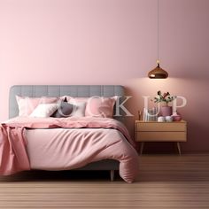 a bed with pink sheets and pillows in a light colored room, next to a nightstand with potted plants