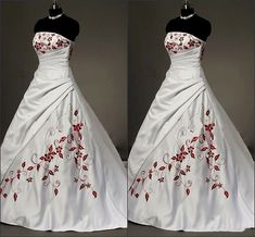 two pictures of a white wedding dress with red flowers on it