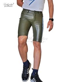 Hi, You are looking at the pictures of model "Rajan" wearing the Leather shorts that is made by leatheredstar team so you are looking at a piece of our work! An Olive Green color leather shorts made in soft & smooth Sheepskin leather that fits, A classic five pocket style that fits SKINTIGHT!  the leather is smooth with decent shine to it, A leather shorts that looks great with sneakers a great weekend wear or all time wear These are MID RISE pair with zipper fastening can be made button fly on request the location of the rear pockets will sit alright on your bum the other part on the leg will be skinny thereafter making it an ideal skintight shorts Size: Choose the size that suits you the best and I encourage you to get this MADE TO MEASURE or just send us size of your actual waist measur Summer Leather Shorts, Leather Shorts Summer, Green Leather Shorts, Summer Leather Bottoms With Built-in Shorts, High-waisted Leather Shorts For Summer, Casual Leather High-waisted Shorts, Luxury Leather High-waisted Shorts, Leather Shorts With Built-in Shorts, Knee Shorts