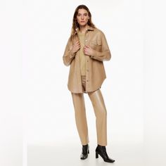 New With Tags The Wilfred Ganna Faux Leather Shacket From Aritzia. This Is In The Color Saville. Size Small. Super Soft And Chic. Retail $168. Measures Approximately 21.5” From Armpit To Armpit And 30.5” From Shoulder To Hem. Face: 100% Polyurethane Back: 100% Polyester Lining: 100% Cupro Final Sale. Price Is Firm. Ganna Jacket Aritzia, Leather Shacket, Denim Vans, Leather Tie, Easy Shape, Aritzia Wilfred, Inside Outside, Outdoor Style, Sale Price