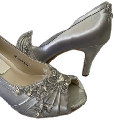 Fitted Silver Wedding Shoes With 4-inch Heel, Embellished Lace High Heels, Lace Embellished Heels For Party, Fitted Silver Heels With Almond Toe, Embellished Lace Heels For Party, Fitted Silver Heels With Rhinestones, Silver Fitted Heels For Wedding, Fitted Silver Embellished Heels, Silver High Heel Wedding Shoes With 4-inch Heel