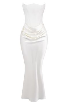 A mix of satin and crepe lend lots of texture to this strapless cocktail dress with signature corsetry built in for extra support. Exclusive retailer Back-zip closure Strapless Lined 75% acetate, 25% polyester with 100% polyester contrast Dry clean Imported