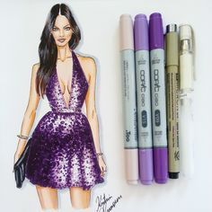 a drawing of a woman in a purple dress next to markers and crayons