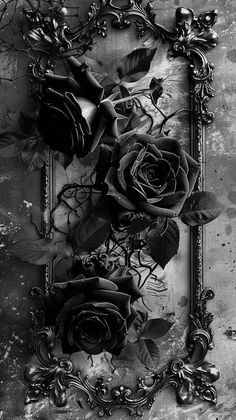 a black and white photo of roses in a frame on the wall, with an ornate border around it