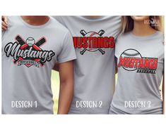 three t - shirts with the words mustangs and baseball on them, all printed in different colors