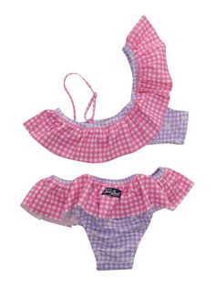 Daisy 2-piece bikini with white and purple checked pattern, ruffle detail, adjustable strap.Composition: 80% POLYESTER 20% ELASTANE Summer Gingham Swimwear With Ruffles, Gingham Swimwear With Ruffles For Poolside, Gingham Ruffled Swimwear For Poolside, Gingham Swimwear With Ruffles For Vacation, Vacation Gingham Swimwear With Ruffles, Gingham Ruffled Swimwear For Vacation, Fitted Gingham Playful Swimwear, Purple Ruffled Swimwear For Swimming, Purple Ruffled Swimwear For Beach Season