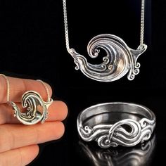 The sterling silver Wave Rider gift combo includes the Rip Curl Wave pendant and the Nouveau Swirl Ring. Catch that perfect wave and give the perfect gift. The graceful lines in of ring are reminiscent of the Art Nouveau period and the pendant is fluid and powerful. The pendant is 1- 1/2” across. Specially priced at $205We have many ring sizes immediately available. We will contact you to let you know if we have your chosen ring size in stock or when to expect shipment.  All Marty Magic Rings ar Sterling Silver Swirl Jewelry, Sterling Silver Swirl Jewelry In Silver, Handmade Silver Wavy Jewelry, Sterling Silver Swirl Jewelry Gift, Sterling Silver Swirl Jewelry As A Gift, Silver Swirl Jewelry For Gift, Elegant Wavy Silver Jewelry, Silver Wavy Jewelry For Anniversary, Wavy Silver Jewelry For Anniversary