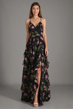 Unleash your ultimate feminine energy in our Megan Maxi Dress. Cut from a luxurious printed fil coupe fabric, this style features a v-neckline, strappy back, and a floor-length ruffled skirt with a front leg slit. Wear this dress to your next special occasion. Floral Formal Dresses, Green Floral Maxi Dress, Atelier Dress, Floral Dress Formal, Ruffled Skirt, Feminine Energy, Ruffle Skirt, For Your Party, Floral Maxi