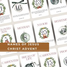 twelve christmas cards with names of jesus's birth and the date of his birth