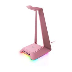 a pink electronic device with a multicolored light on it's back end