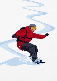 a man riding a snowboard down the side of a snow covered slope in winter