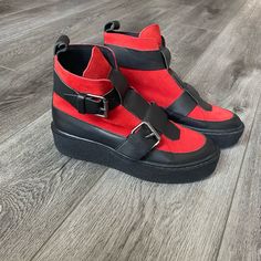 New Free People Collection Cortina Red And Black Platform Ankle Boots | Size 37 Rugged Rubber Sole Size 37 Eu- Equivalent To Size 6.5 Us Leather And Suede Uppers Adjustable Buckle Belt Straps Heel Height 1 5/8” Color- Red And Black Retail- $244 New, Never Worn Rare Free People Boot. Ready To Ship. Offers Always Welcome! Red Platform Boots For Streetwear, Casual Red Platform Boots For Fall, Red Ankle Platform Boots, Edgy Red Platform Boots With Round Toe, Red Modern Boots With Round Toe, Trendy Leather Boots With Red Sole, Trendy Red High-top Platform Boots, Casual High-top Platform Boots With Buckle, Modern Red Boots With Round Toe