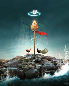 a movie poster with birds on top of a rock in the ocean and an angel above it