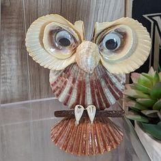 an owl figurine sitting on top of a shell