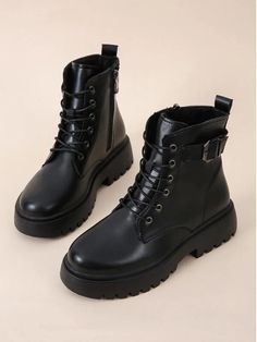 Bottines militaires design boucle à lacets | Mode en ligne | SHEIN FRANCE Ankle Combat Boots, Black Combat Boots, Buckle Ankle Boots, Shoes Boots Ankle, Combat Boot, Zipper Boots