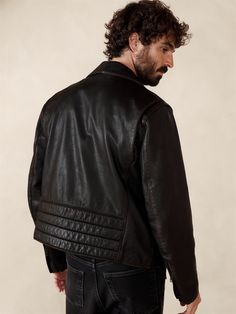 A timeless take on the iconic moto jacket, we kept all the details of the classic—an off-set zip closure, grommets under the arms, zippered cuffs and pockets—adding a Western-style yoke and a ruched accent at the back waist for rugged flair.  For a true-to-the-original finish, our designers selected a beautifully burnished leather and an oversized fit.  Warmer: Lightly lined for easy layering.  Relaxed fit.  Point collar with off-set zip closure.  Three exterior zip pockets.  Single interior pocket.  Fully lined.  Relaxed fit.  Long sleeves.  Hip length.  Model: Size M, 6'2" (188cm). Leather Sweater, Espresso Brown, Streetwear Men, Streetwear Men Outfits, Leather Moto, Leather Moto Jacket, Leather Jacket Men, Moto Jacket, Western Style