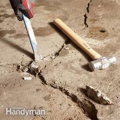 Concrete Floor Resurfacing: Chisel away any loose fragments along cracks or craters; there’s no need to bust away concrete that’s firmly attached. Garage Floor Resurfacing, Fix Cracked Concrete, Garage Floors Diy, Concrete Floor Repair, Garage Boden, Concrete Garages, Concrete Garage, Garage Floor Paint