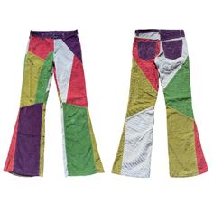 Incredible vintage 90's Italian designer flared corduroy trousers. Featuring an amazing multicoloured patchwork designs with colours of green, purple, red and white. So vibrant and eye catching! You will definitely make a statement when wearing these. 70's retro hippie inspired design. So extremely rare!! Measurements: The length is 103cm. Waist is 74cm.  Condition: In excellent vintage condition. There are no stains, rips marks etc.. Please look at all the photos as they are a true representati Retro Cotton Patchwork Bottoms, Retro Multicolor Patchwork Pants, Retro Multicolor Bottoms With Patchwork, Retro Multicolor Patchwork Bottoms, Vintage Multicolor Cotton Pants, Patchwork Trousers, Retro Pants, Corduroy Trousers, Italian Designer